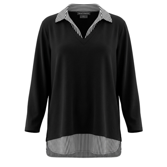 Adrianna Papell Tops - Adrianna Papell Black White Layered V-Neck Tunic with Striped Collar XL